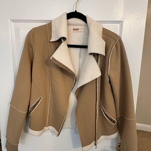 Women's Tan Moto Faux Jacket with Faux Sherpa Cream Lining